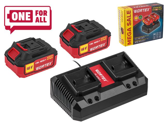 Набор аккумулятор 2х4 А*ч и зарядное устройство 2х2 А WORTEX ALL1 XLT в кор. SET (18.0 В, 2x4.0 А*ч, индикатор заряда, обрезиненный корпус, зарядное: