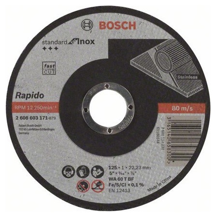 Отрезной круг, прямой, Standard for Inox - Rapido Bosch WA 60 T BF, 125 mm, 22,23 mm, 1,0 mm (2608603171) Bosch