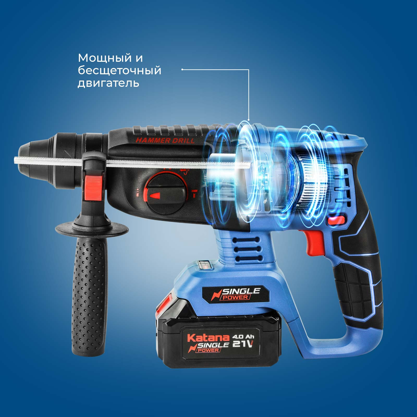 Перфоратор аккумуляторный KATANA RH5501 (21В,1*4Ач, бесщеточный.,2,6 Дж,3 режима,SDS+,3 сверла,кейс)- фото2