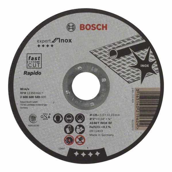 Отрезной круг, прямой, Expert for Inox - Rapido Bosch AS 60 T INOX BF, 125 mm, 1,0 mm (2608600549) Bosch