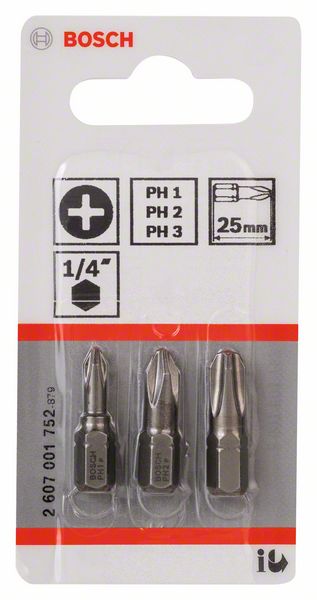 Набор из 3 насадок-бит Extra Hart (PH) Bosch PH1; PH2; PH3; 25 мм (2607001752)