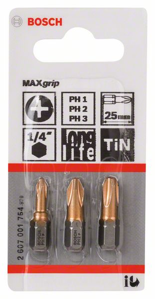 Набор из 3 насадок-бит Max Grip (PH) Bosch PH1; PH2; PH3; 25 мм (2607001754)