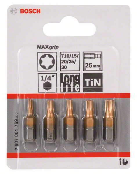 Набор из 5 насадок-бит Max Grip (Torx®) Bosch T 10; T 15; T 20; T 25; T 30; 25 мм (2607001769)