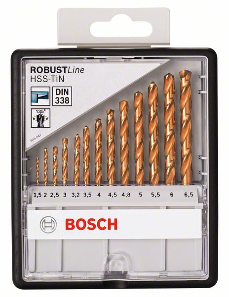 Набор из 13 свёрл по металлу Robust Line HSS-TiN, 135° Bosch 1,5; 2; 2,5; 3; 3,2; 3,5; 4; 4,5; 4,8; 5; 5,5; 6; 6,5 mm, 135° (2607010539) Bosch