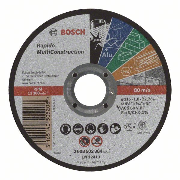 Отрезной круг, прямой, Rapido Multi Construction Bosch ACS 60 V BF, 115 mm, 1,0 mm (2608602384)