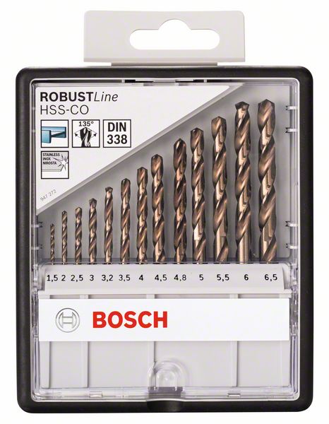 Набор из 13 свёрл по металлу Robust Line HSS-Co Bosch 1,5; 2; 2,5; 3; 3,2; 3,5; 4; 4,5; 4,8; 5; 5,5; 6; 6,5 mm (2607019926) Bosch