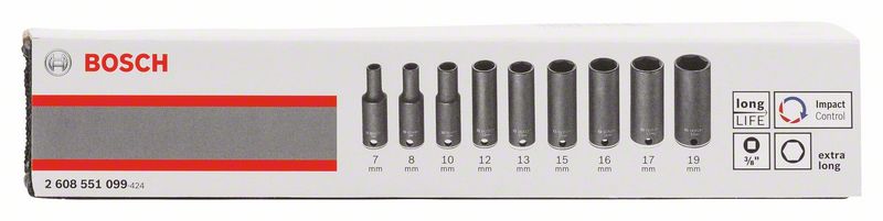 Набор головок для торцовых ключей 9 предм. Bosch 63 мм; 7, 8, 10, 12, 13, 15, 16, 17, 19 мм (2608551099)