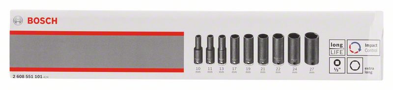 Набор головок для торцовых ключей 9 предм. Bosch 77 мм; 10, 11, 13, 17, 19, 21, 22, 24, 27 мм (2608551101) Bosch