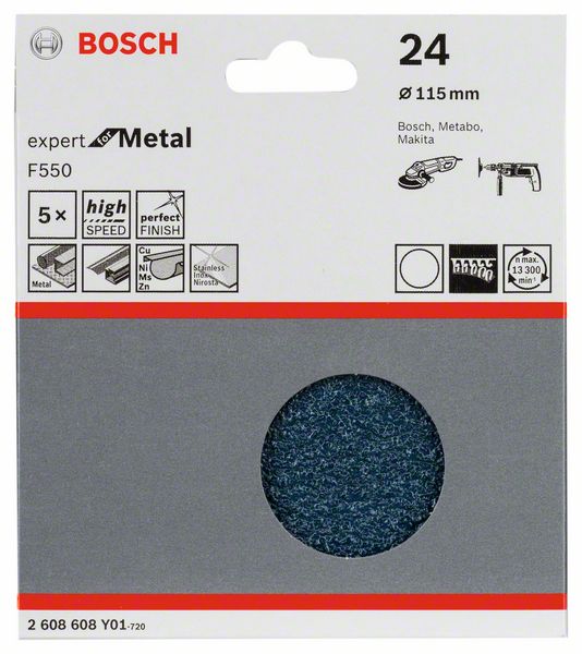 5 шлифлистов Expert for Metal ?115мм б/отверстий, K24 Bosch (2608608Y01) Bosch