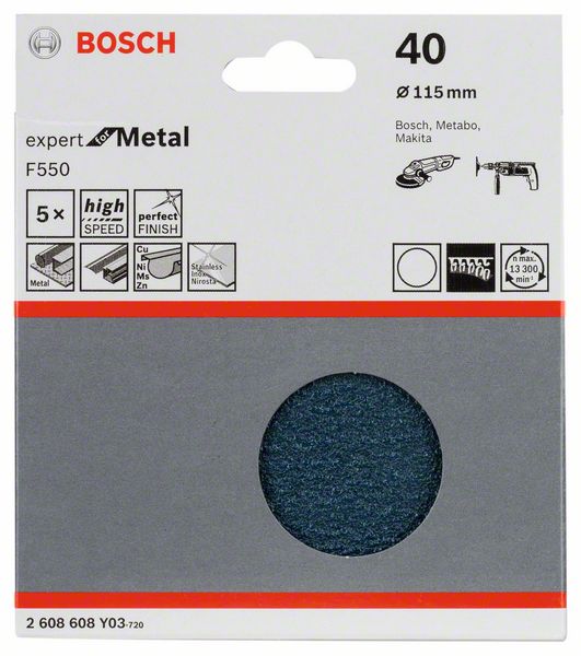 5 шлифлистов Expert for Metal ?115мм б/отверстий, K40 Bosch (2608608Y03) Bosch