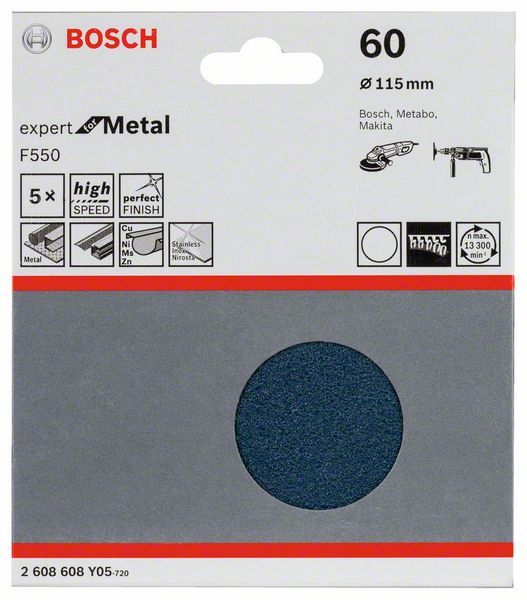 5 шлифлистов Expert for Metal ?115мм б/отверстий, K60 Bosch (2608608Y05) Bosch