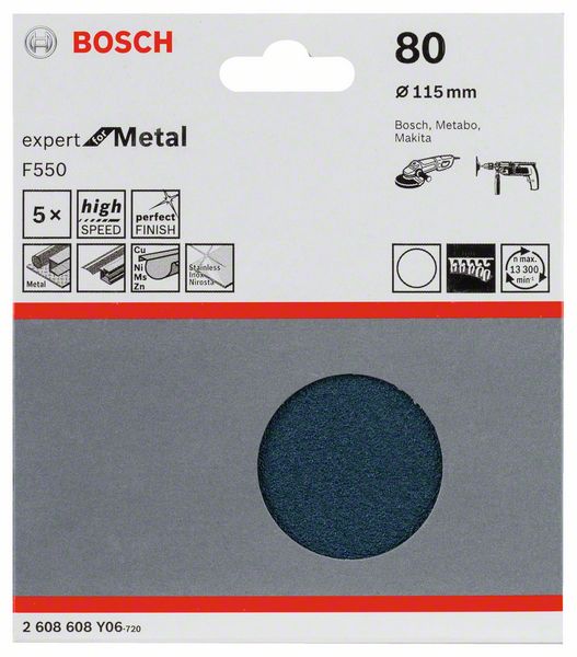 5 шлифлистов Expert for Metal ?115мм б/отверстий, K80 Bosch (2608608Y06) Bosch
