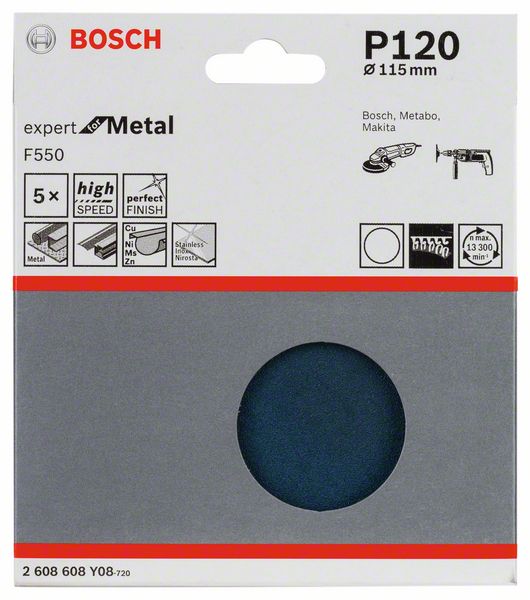5 шлифлистов Expert for Metal ?115мм б/отверстий, K120 Bosch (2608608Y08) Bosch