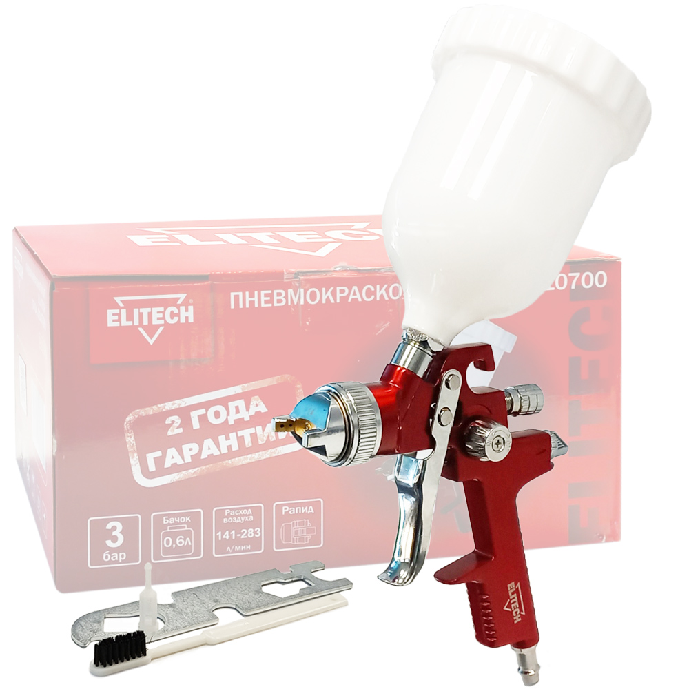 Краскопульт пневматический  (3 атм / 1,4 мм HVLP / верхний бачок 0,6 л)  (0704.010700), ELITECH 186291- фото