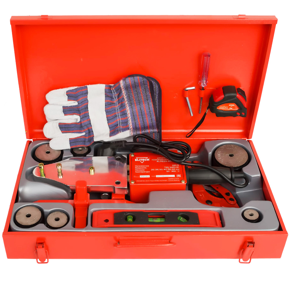 Сварочный аппарат для полипропиленовых труб  СПТ 1500  (1500Вт / 300°С / 6 насадок / Кейс), ELITECH 177361- фото