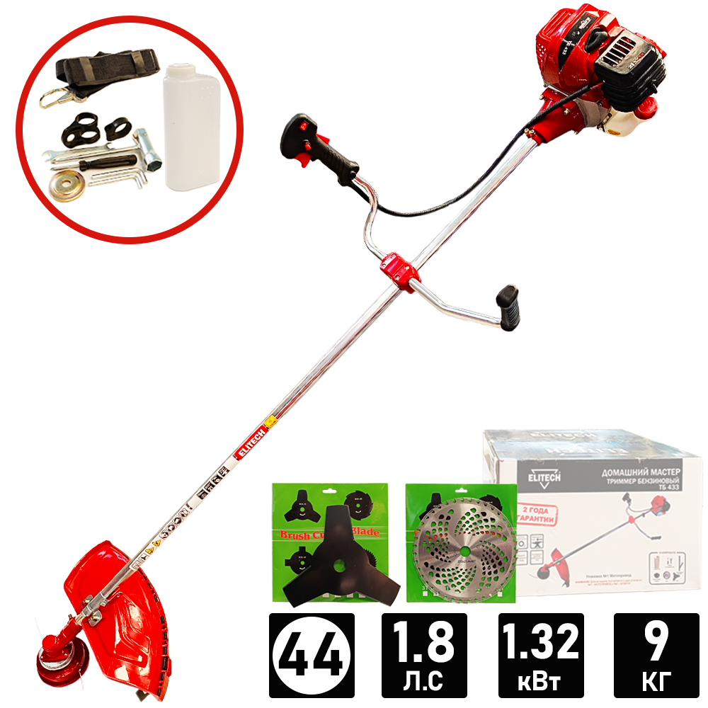 Триммер  ТБ 433 (E1602.022.00)  бензиновый (43 см3 / 1,8 л.с./ 1,32 кВт / Прямой вал), ELITECH 205464- фото